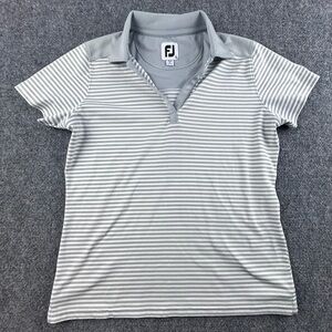 Footjoy Women’s Striped V Neck Polo Size Small Golf Gray White